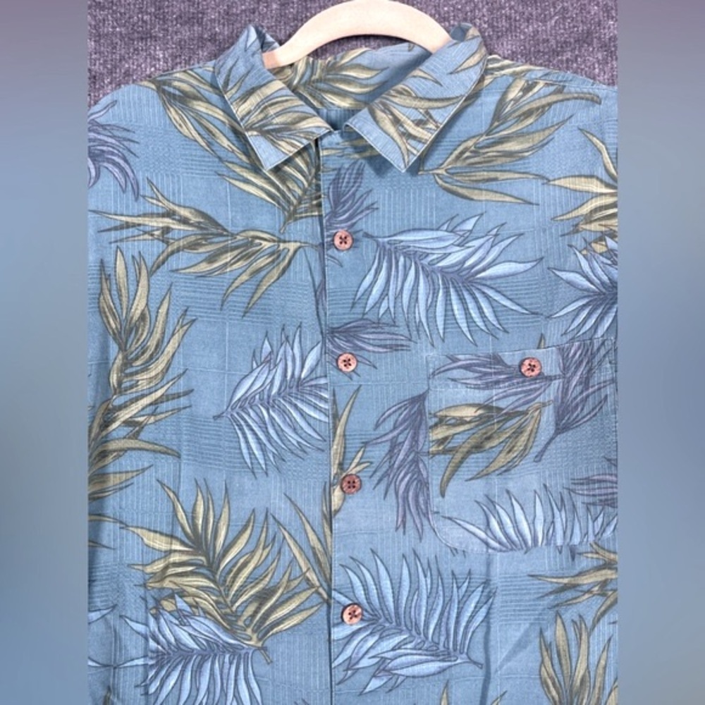 Island Republic Mens Large 100% Silk Blue Green Tropical Leaf Short Sleeve Shirt - Picture 3 of 10